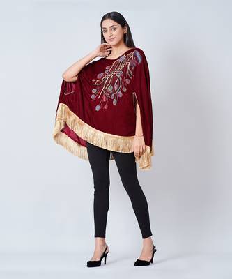 Maroon Floral Sequinned Velvet Poncho With Golden Fringe 2