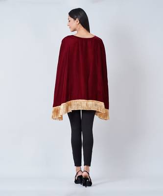 Maroon Floral Sequinned Velvet Poncho With Golden Fringe 3
