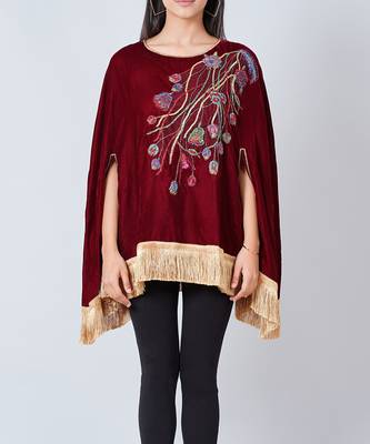 Maroon Floral Sequinned Velvet Poncho With Golden Fringe 4