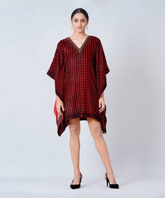 Red Crystal Embellished Houndstooth Silk Velvet Tunic 1