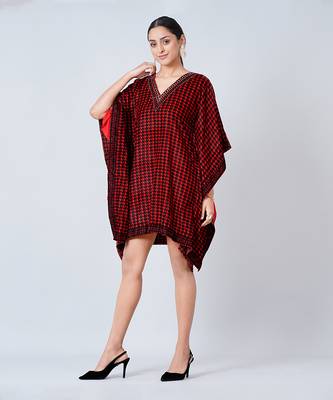 Red Crystal Embellished Houndstooth Silk Velvet Tunic 2