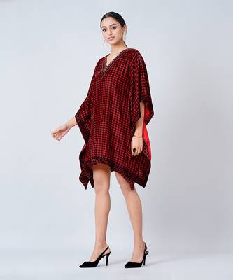 Red Crystal Embellished Houndstooth Silk Velvet Tunic 3