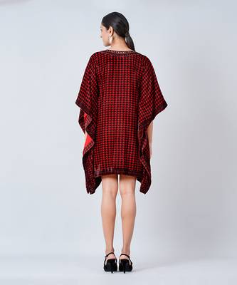 Red Crystal Embellished Houndstooth Silk Velvet Tunic 5