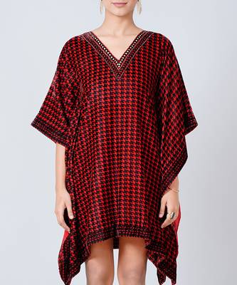 Red Crystal Embellished Houndstooth Silk Velvet Tunic 6