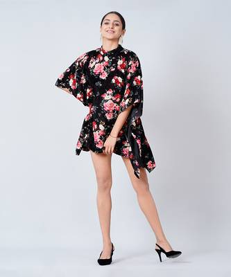 Black and Red Floral Crystal Studded Silk Velvet Tunic 1