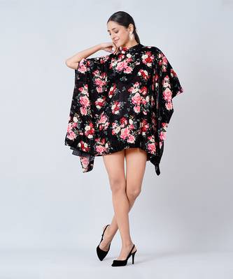 Black and Red Floral Crystal Studded Silk Velvet Tunic 2
