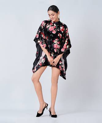 Black and Red Floral Crystal Studded Silk Velvet Tunic 4