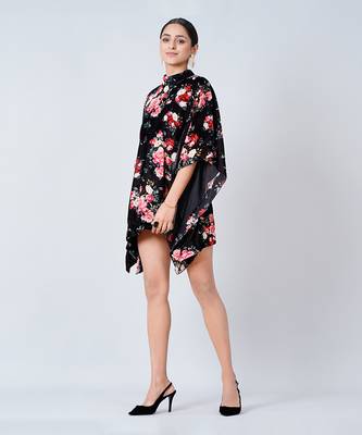 Black and Red Floral Crystal Studded Silk Velvet Tunic 5
