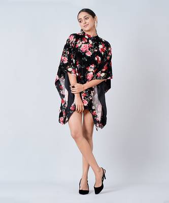 Black and Red Floral Crystal Studded Silk Velvet Tunic 6