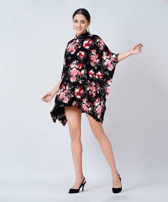 Black and Red Floral Crystal Studded Silk Velvet Tunic 7