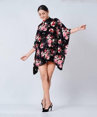 Black and Red Floral Crystal Studded Silk Velvet Tunic 8