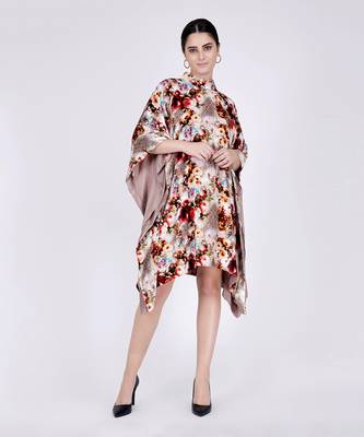 Beige Floral Crystal Studded Silk Velvet Tunic 1
