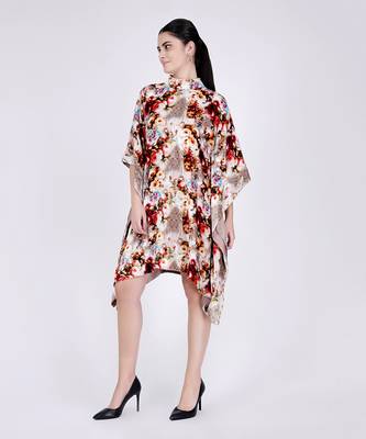 Beige Floral Crystal Studded Silk Velvet Tunic 3