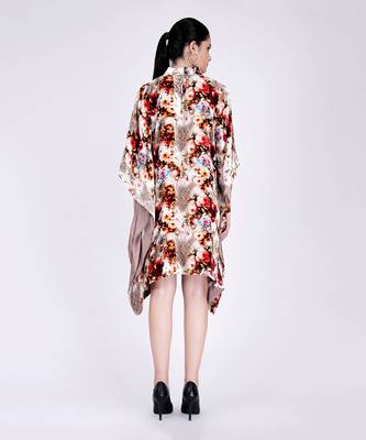 Beige Floral Crystal Studded Silk Velvet Tunic 4
