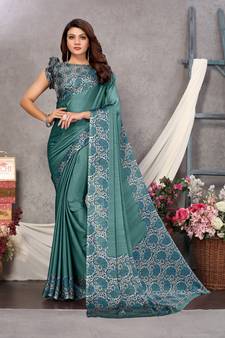 Teal plain chiffon saree with blouse