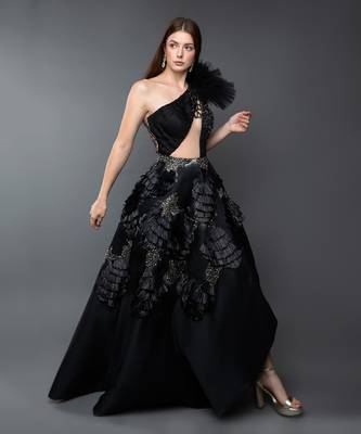 Black One Shoulder Ruched Asymmetrical Power Shoulder Gown. 1