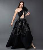 Black One Shoulder Ruched Asymmetrical Power Shoulder Gown.
