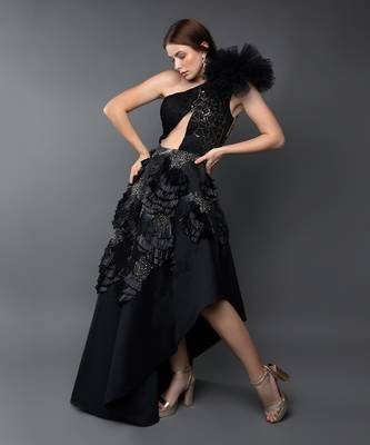 Black One Shoulder Ruched Asymmetrical Power Shoulder Gown. 2