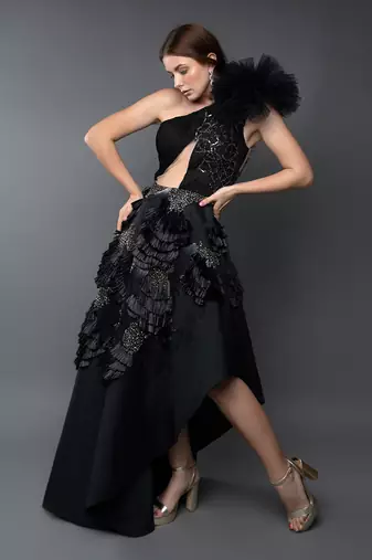 Black One Shoulder Ruched Asymmetrical Power Shoulder Gown.