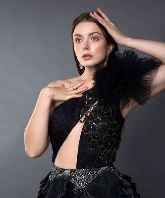 Black One Shoulder Ruched Asymmetrical Power Shoulder Gown. 3
