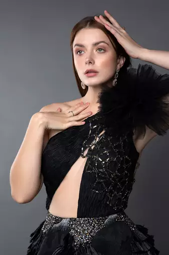 Black One Shoulder Ruched Asymmetrical Power Shoulder Gown.