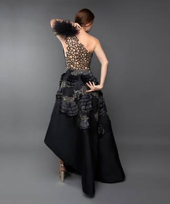 Black One Shoulder Ruched Asymmetrical Power Shoulder Gown. 4