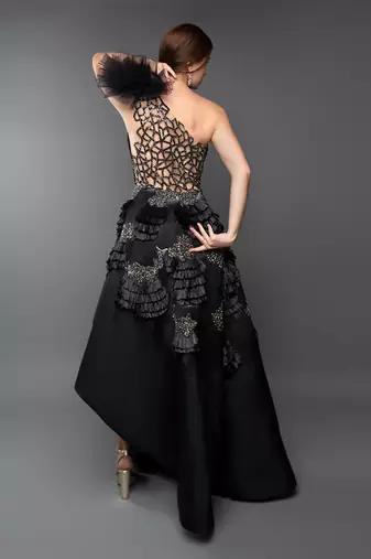 Black One Shoulder Ruched Asymmetrical Power Shoulder Gown.