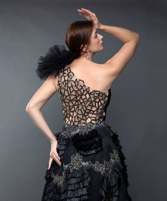 Black One Shoulder Ruched Asymmetrical Power Shoulder Gown. 5