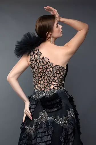 Black One Shoulder Ruched Asymmetrical Power Shoulder Gown.