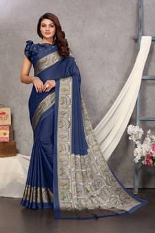Dark Blue Plain Chiffon Saree With Blouse
