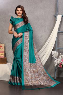 Teal Plain Chiffon Saree With Blouse 1
