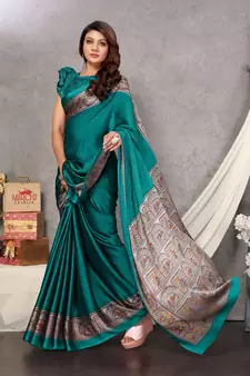 Teal Plain Chiffon Saree With Blouse