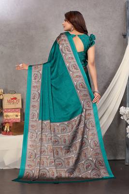 Teal Plain Chiffon Saree With Blouse 4