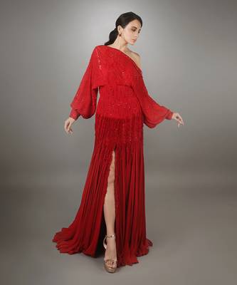 Red Poncho Style Full Sleeves Embroidered Ruffle Textured High Slit Gown 1
