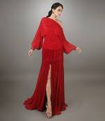 Red Poncho Style Full Sleeves Embroidered Ruffle Textured High Slit Gown