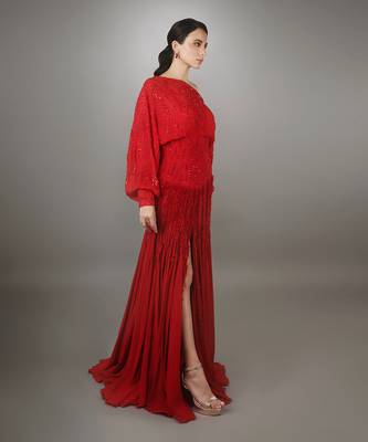 Red Poncho Style Full Sleeves Embroidered Ruffle Textured High Slit Gown 2