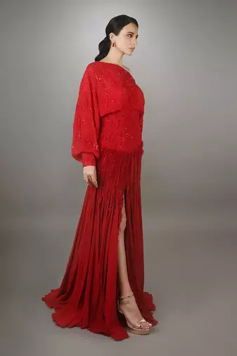 Red Poncho Style Full Sleeves Embroidered Ruffle Textured High Slit Gown
