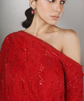 Red Poncho Style Full Sleeves Embroidered Ruffle Textured High Slit Gown 3