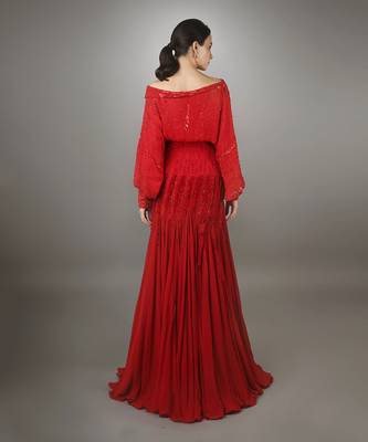 Red Poncho Style Full Sleeves Embroidered Ruffle Textured High Slit Gown 4