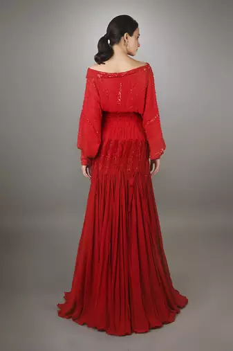 Red Poncho Style Full Sleeves Embroidered Ruffle Textured High Slit Gown