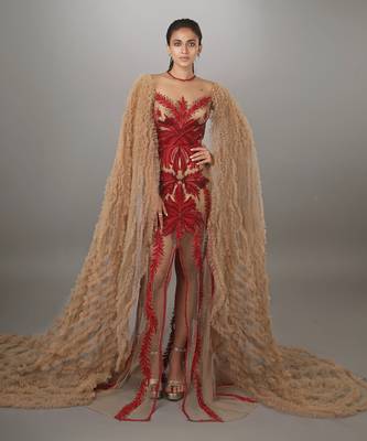 Ruffled Waterfall Sleeve Red Embroidered Skin Net Gown 1