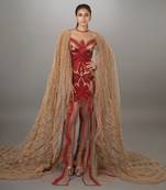 Ruffled Waterfall Sleeve Red Embroidered Skin Net Gown
