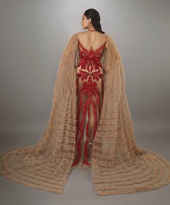 Ruffled Waterfall Sleeve Red Embroidered Skin Net Gown 4