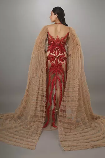 Ruffled Waterfall Sleeve Red Embroidered Skin Net Gown