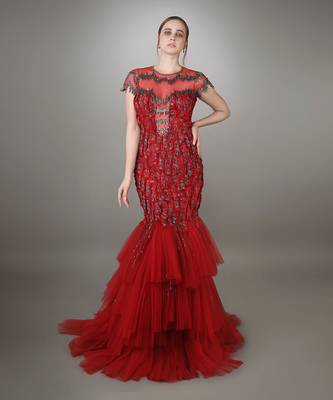 Red Fray Textured Embroidered Bodycon Mermaid Gown 1
