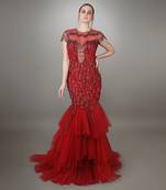 Red Fray Textured Embroidered Bodycon Mermaid Gown