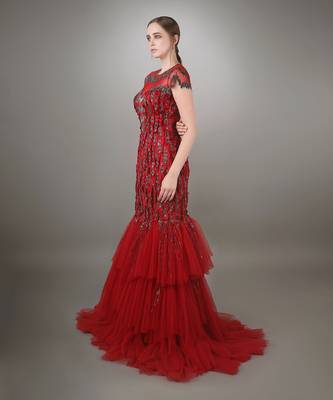 Red Fray Textured Embroidered Bodycon Mermaid Gown 2