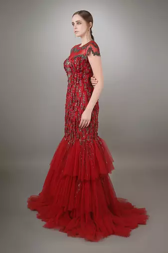 Red Fray Textured Embroidered Bodycon Mermaid Gown