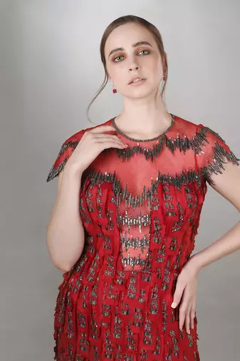 Red Fray Textured Embroidered Bodycon Mermaid Gown