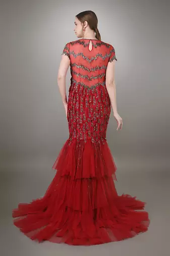 Red Fray Textured Embroidered Bodycon Mermaid Gown